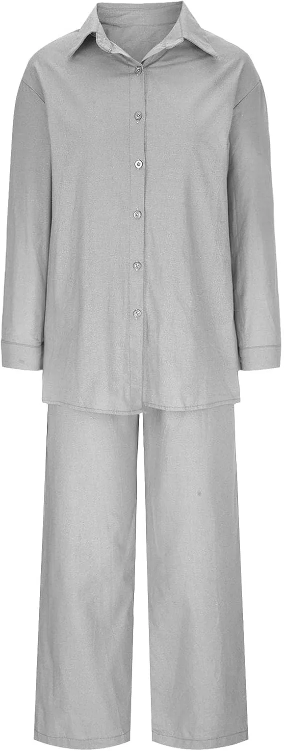Women 2 Piece Linen Sets 2025 Button Down Shirt and Wide Leg Trousers Loose Fit Dressy Summer Lounge Outfits Plus Size