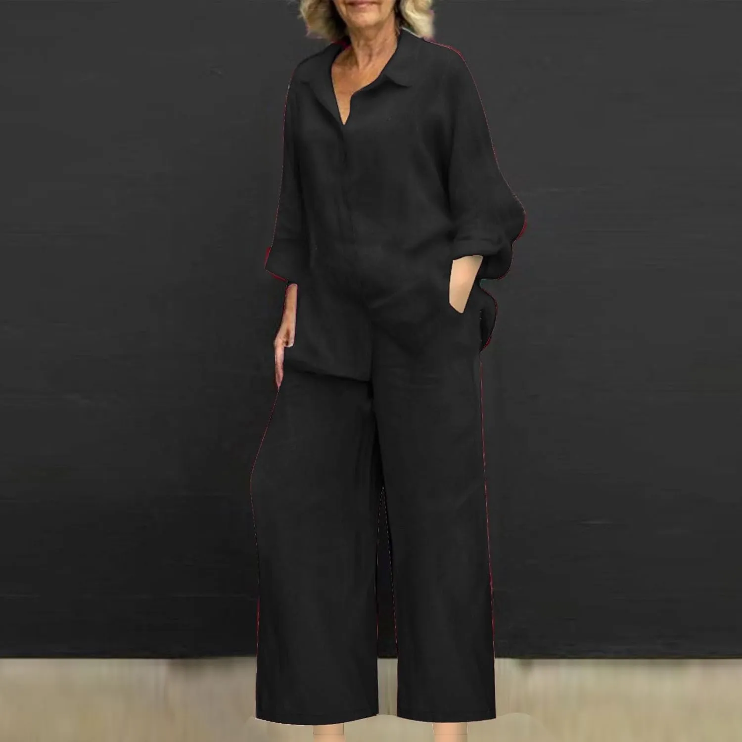Women 2 Piece Linen Sets 2025 Button Down Shirt and Wide Leg Trousers Loose Fit Dressy Summer Lounge Outfits Plus Size