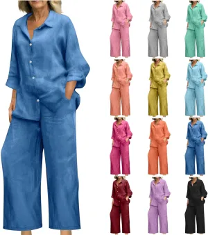 Women 2 Piece Linen Sets 2025 Button Down Shirt and Wide Leg Trousers Loose Fit Dressy Summer Lounge Outfits Plus Size