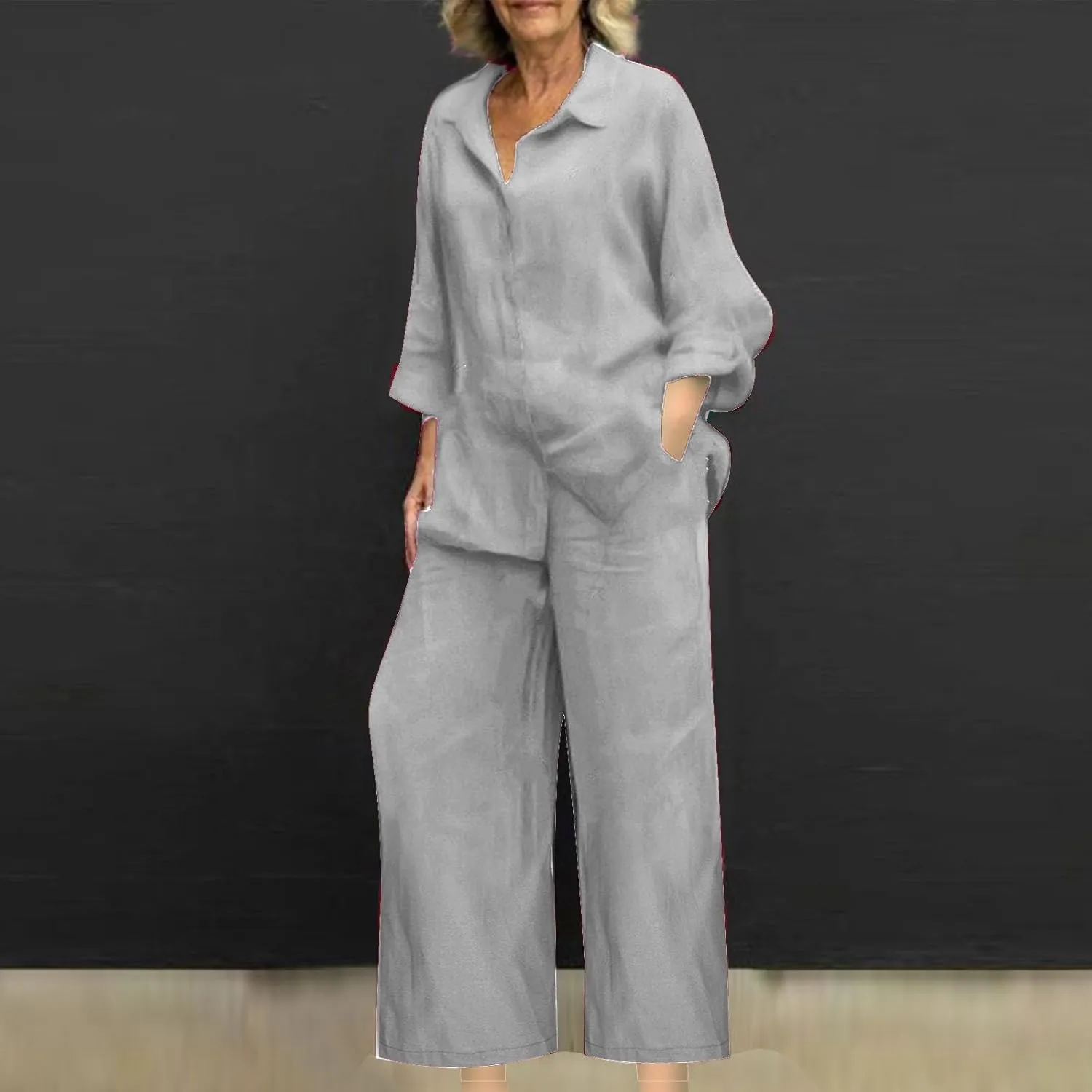 Women 2 Piece Linen Sets 2025 Button Down Shirt and Wide Leg Trousers Loose Fit Dressy Summer Lounge Outfits Plus Size