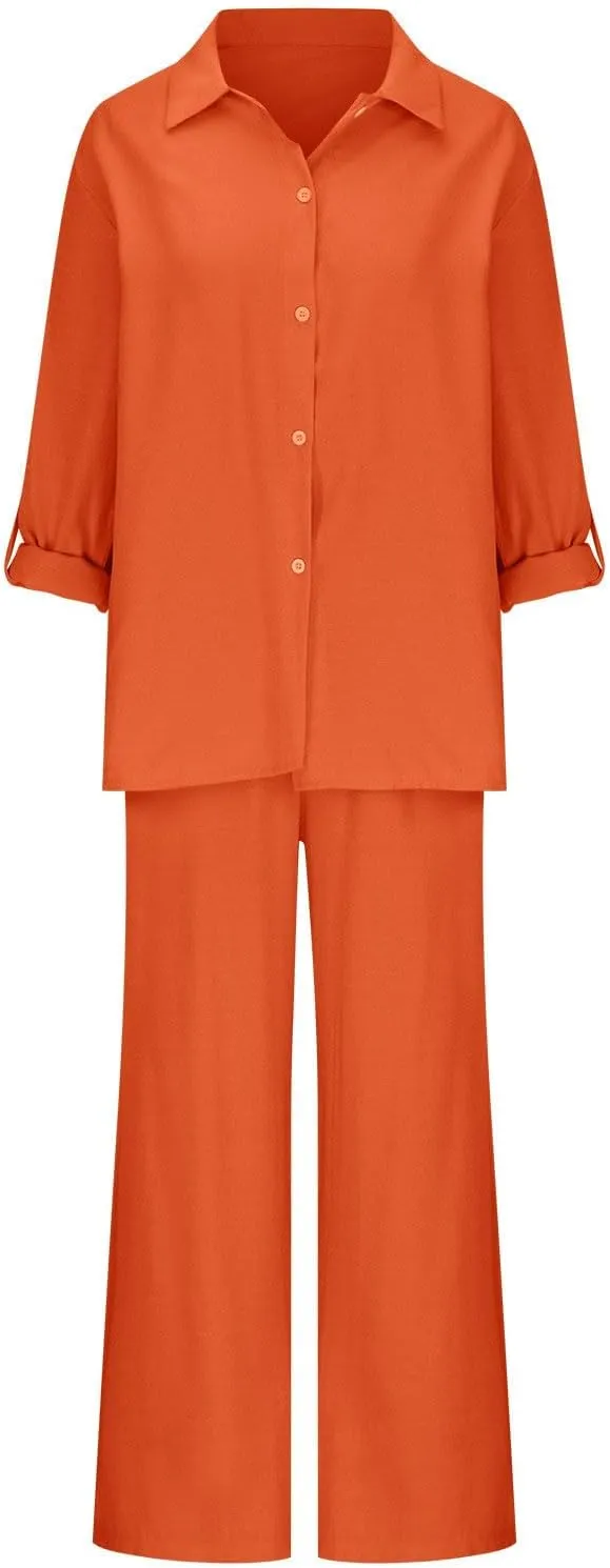 Women 2 Piece Linen Sets 2025 Button Down Shirt and Wide Leg Trousers Loose Fit Dressy Summer Lounge Outfits Plus Size