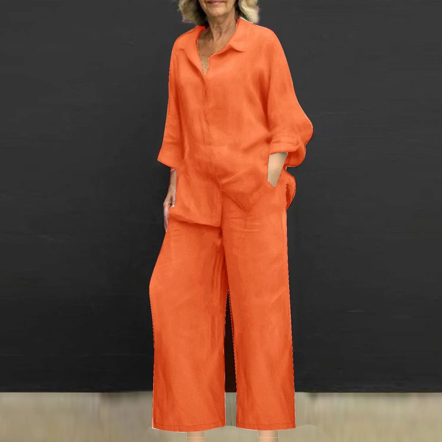 Women 2 Piece Linen Sets 2025 Button Down Shirt and Wide Leg Trousers Loose Fit Dressy Summer Lounge Outfits Plus Size