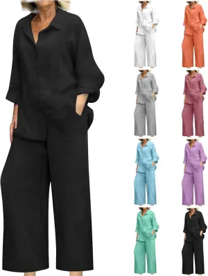 Women 2 Piece Linen Sets 2025 Button Down Shirt and Wide Leg Trousers Loose Fit Dressy Summer Lounge Outfits Plus Size