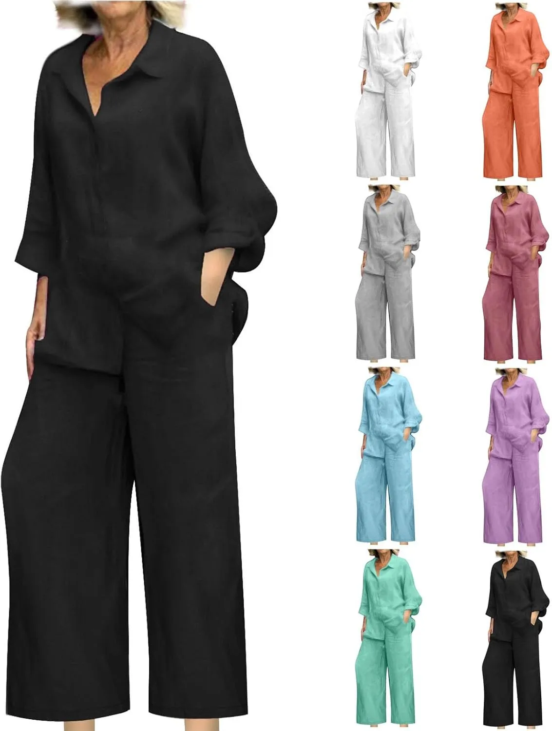 Women 2 Piece Linen Sets 2025 Button Down Shirt and Wide Leg Trousers Loose Fit Dressy Summer Lounge Outfits Plus Size