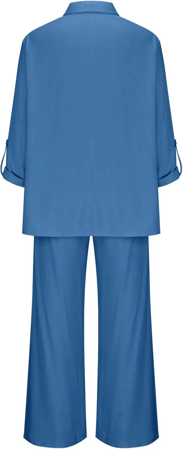 Women 2 Piece Linen Sets 2025 Button Down Shirt and Wide Leg Trousers Loose Fit Dressy Summer Lounge Outfits Plus Size
