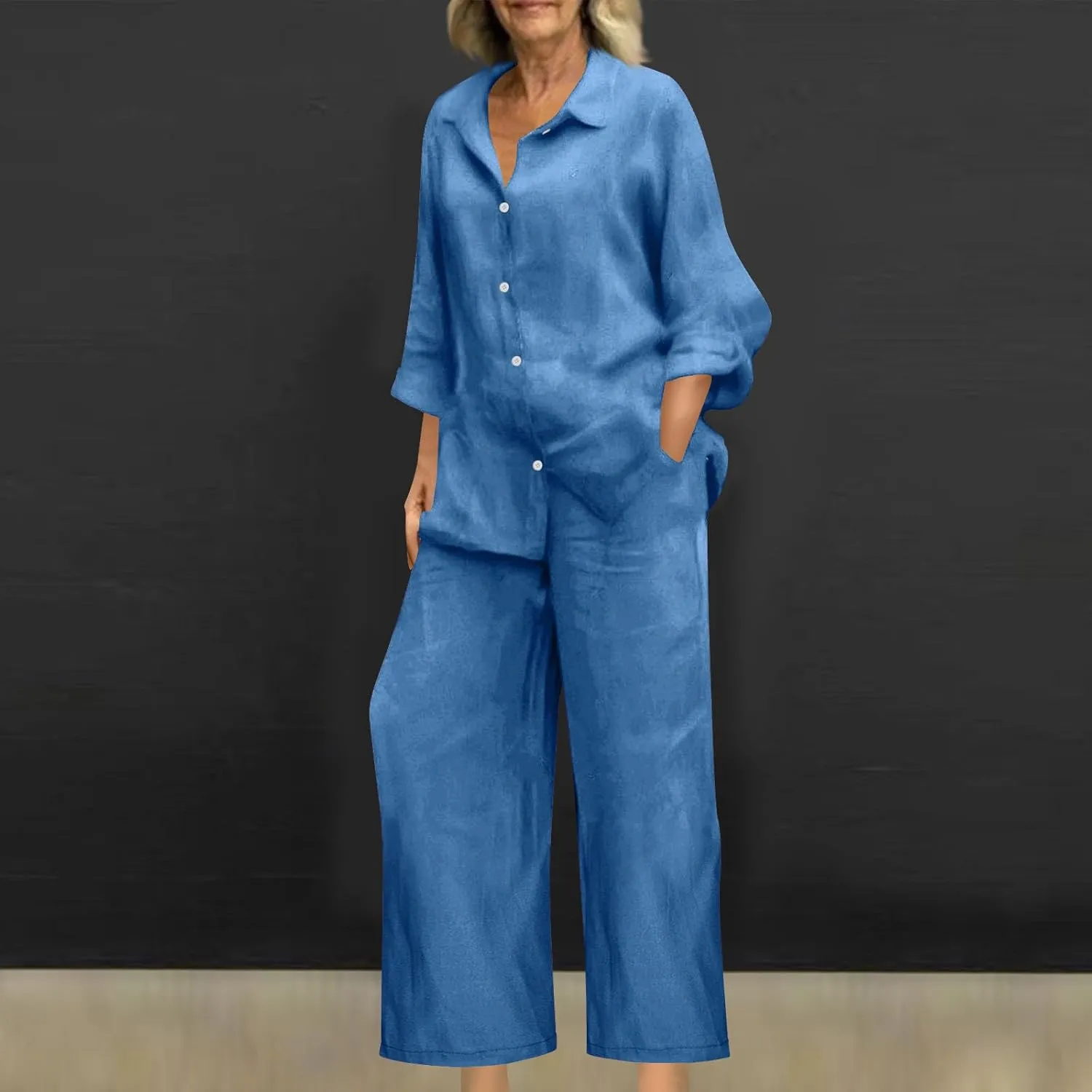 Women 2 Piece Linen Sets 2025 Button Down Shirt and Wide Leg Trousers Loose Fit Dressy Summer Lounge Outfits Plus Size