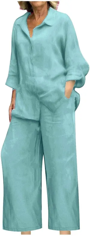 Women 2 Piece Linen Sets 2025 Button Down Shirt and Wide Leg Trousers Loose Fit Dressy Summer Lounge Outfits Plus Size
