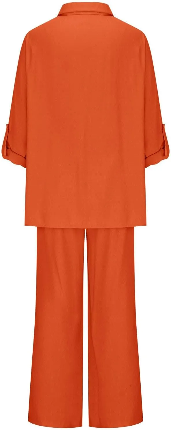 Women 2 Piece Linen Sets 2025 Button Down Shirt and Wide Leg Trousers Loose Fit Dressy Summer Lounge Outfits Plus Size