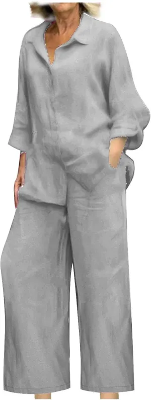 Women 2 Piece Linen Sets 2025 Button Down Shirt and Wide Leg Trousers Loose Fit Dressy Summer Lounge Outfits Plus Size