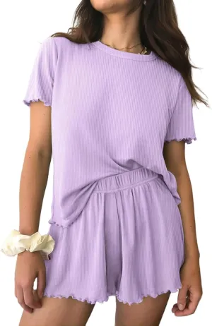Women 2 Piece Lounge Sets Casual Ribbed Knit Sets Short Sleeve Tops and Shorts Sets Matching Sets Tracksuit Sets