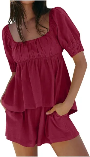 Women Beach Lounge Set Cotton Linen 2 Piece Outfit Square Neck Short Sleeve Cutout Back Babydoll T Shirts and Shorts