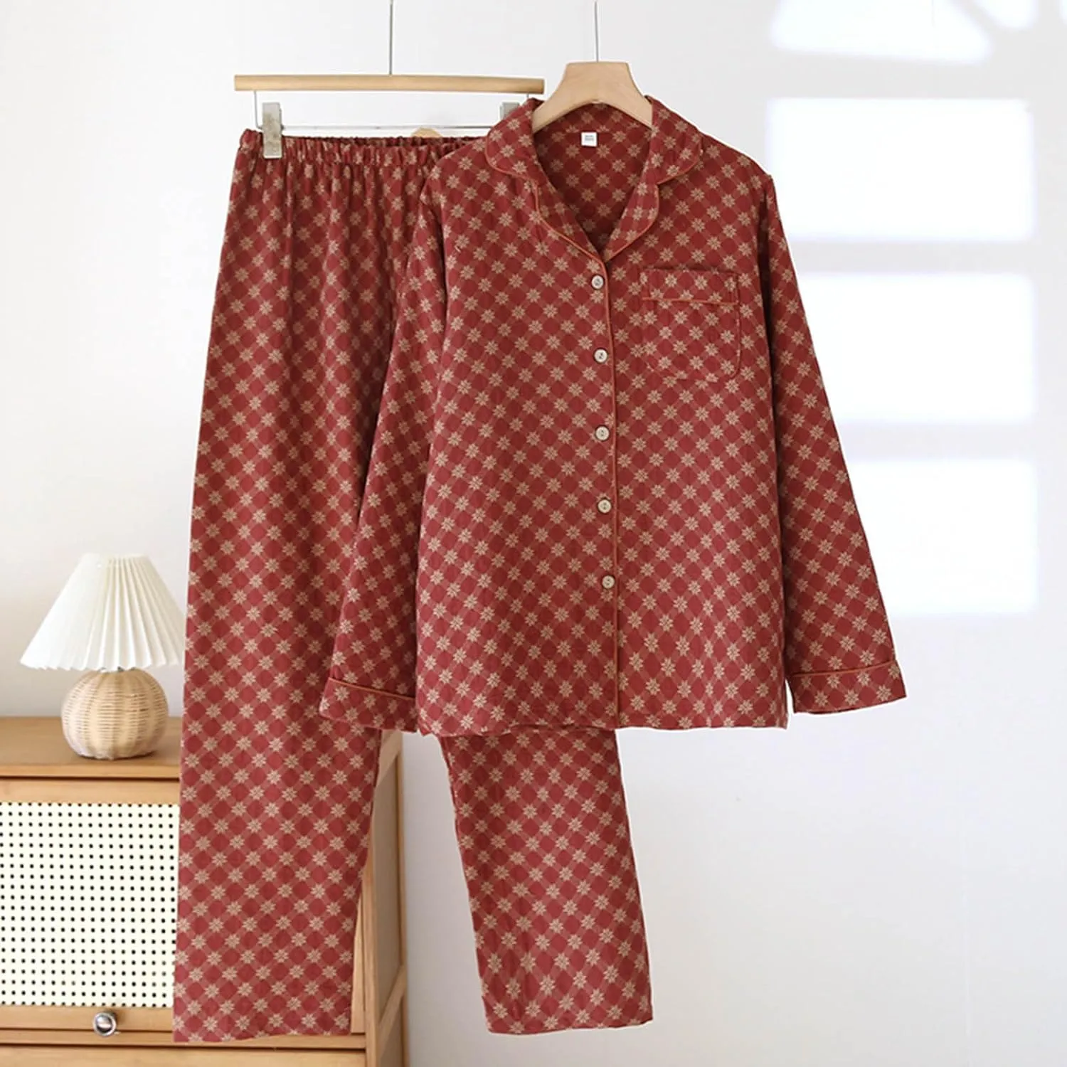 Women Bohemian Cotton Pajamas Sets Button Down 2 Piece Pjs Outfit Long Sleeve Shirts and Pants Loose Fit Loungewear