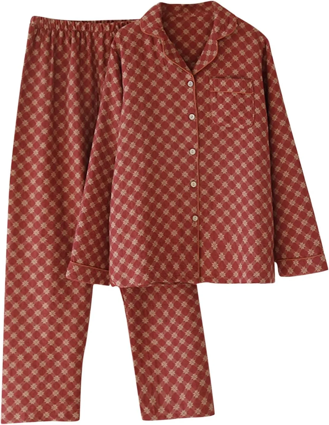 Women Bohemian Cotton Pajamas Sets Button Down 2 Piece Pjs Outfit Long Sleeve Shirts and Pants Loose Fit Loungewear