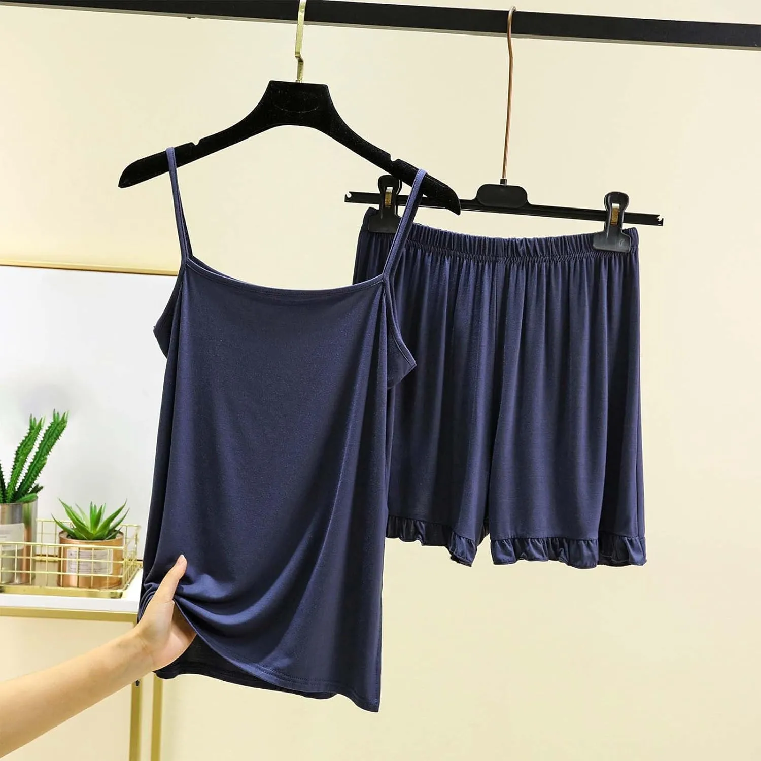 Women Cami Tops Pajama Set Women 2 Piece Modal Cotton Sleepwear with Cute Ruffle Hem Wide Leg Shorts Soft Homewear