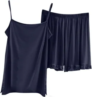 Women Cami Tops Pajama Set Women 2 Piece Modal Cotton Sleepwear with Cute Ruffle Hem Wide Leg Shorts Soft Homewear