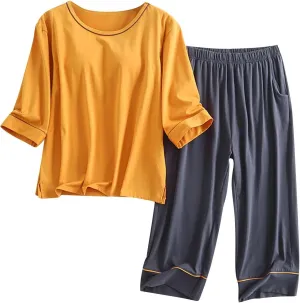 Women Cotton Capris Pajama Sets 2 Piece Soft Built-in Bra Loungewear 3/4 Sleeve Tops and Croppped Pants Sleepwear