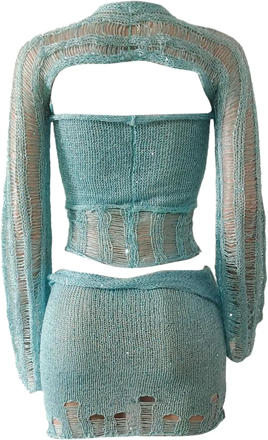 Women Fashion Long Sleeve Knit Crop Top Skirt Set 3 Piece Turtleneck Ribbed Sweater Suit N 1