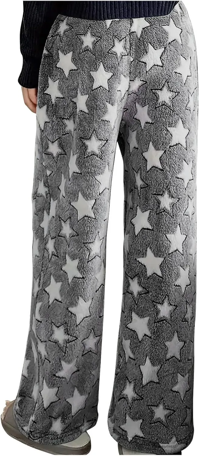 Women Furry Pants Plush Pajamas Pants Flurry Lounge Pants Fleece Winter Pants Star Grpahic Pj Bottoms Warm Trousers