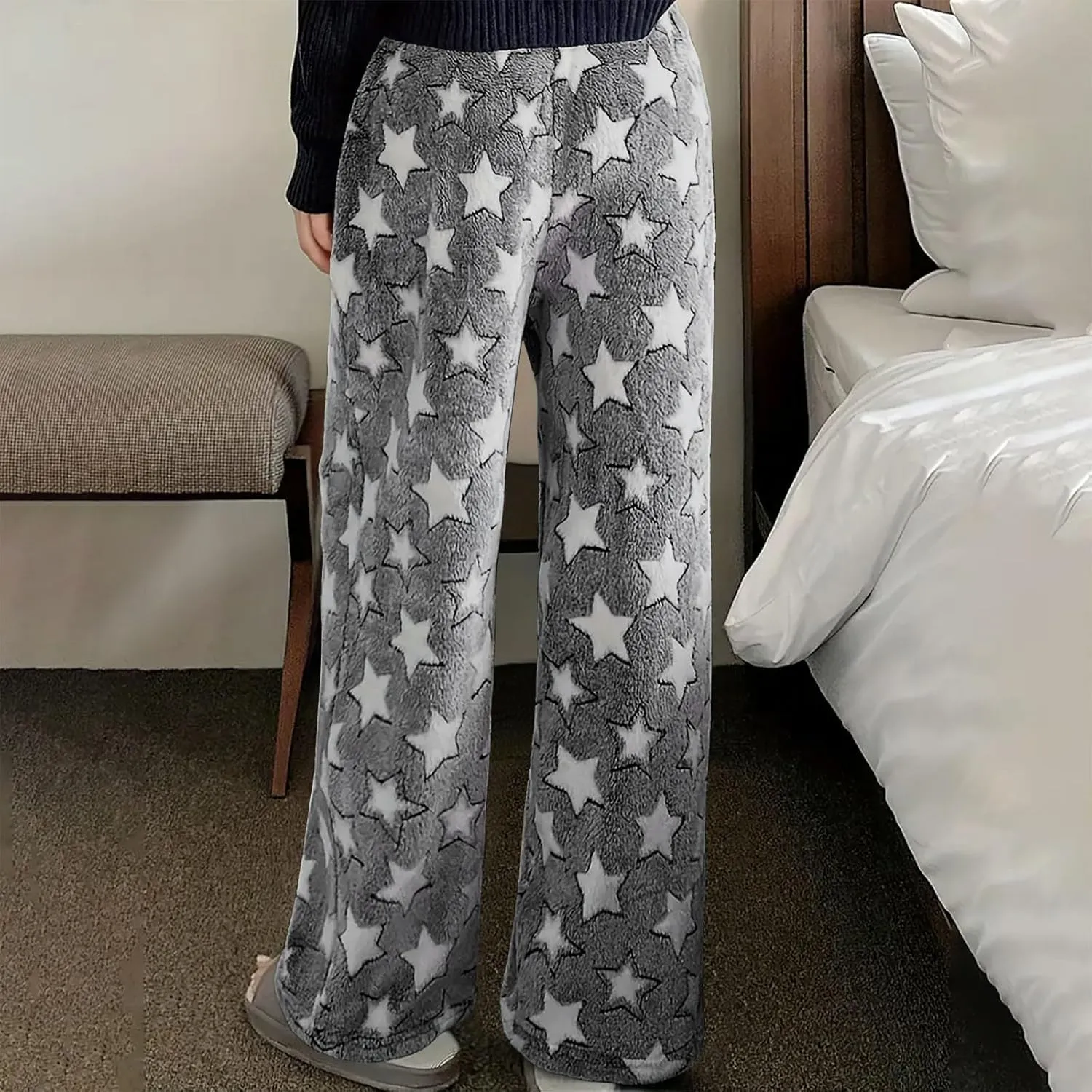 Women Furry Pants Plush Pajamas Pants Flurry Lounge Pants Fleece Winter Pants Star Grpahic Pj Bottoms Warm Trousers