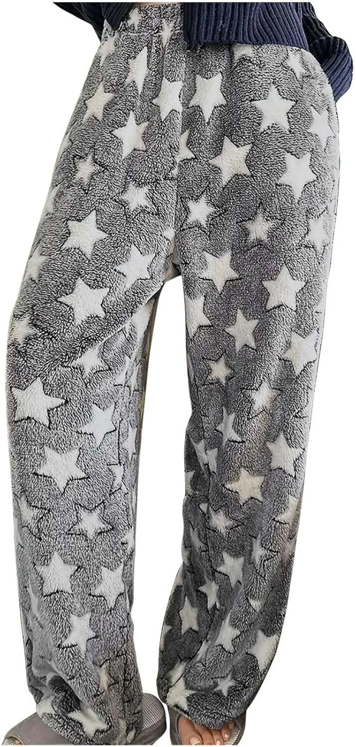 Women Furry Pants Plush Pajamas Pants Flurry Lounge Pants Fleece Winter Pants Star Grpahic Pj Bottoms Warm Trousers
