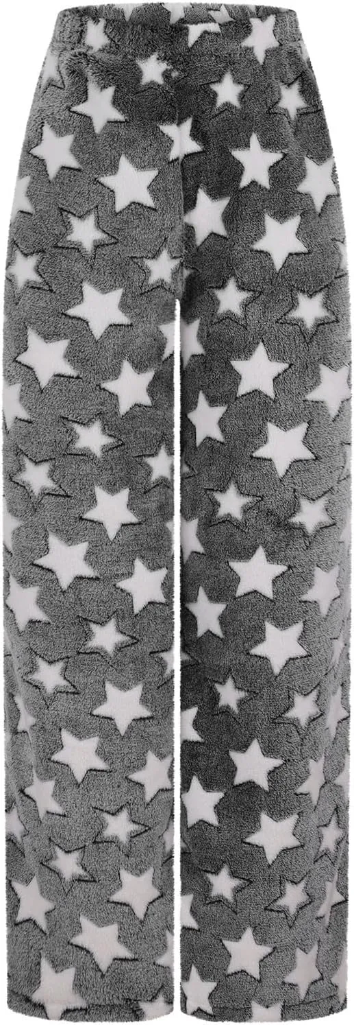 Women Furry Pants Plush Pajamas Pants Flurry Lounge Pants Fleece Winter Pants Star Grpahic Pj Bottoms Warm Trousers
