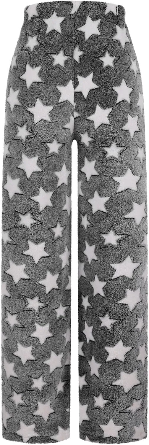 Women Furry Pants Plush Pajamas Pants Flurry Lounge Pants Fleece Winter Pants Star Grpahic Pj Bottoms Warm Trousers