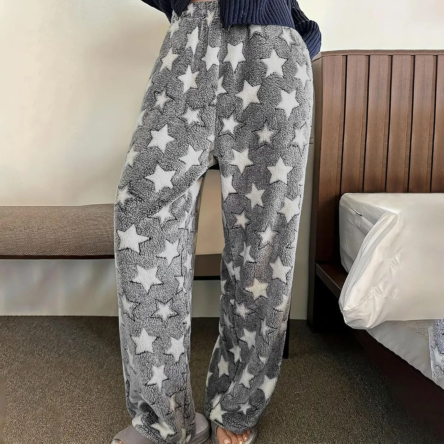 Women Furry Pants Plush Pajamas Pants Flurry Lounge Pants Fleece Winter Pants Star Grpahic Pj Bottoms Warm Trousers