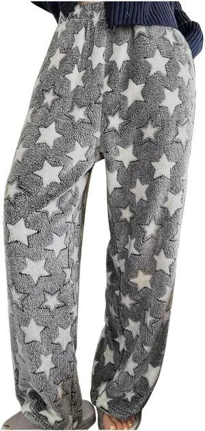 Women Furry Pants Plush Pajamas Pants Flurry Lounge Pants Fleece Winter Pants Star Grpahic Pj Bottoms Warm Trousers