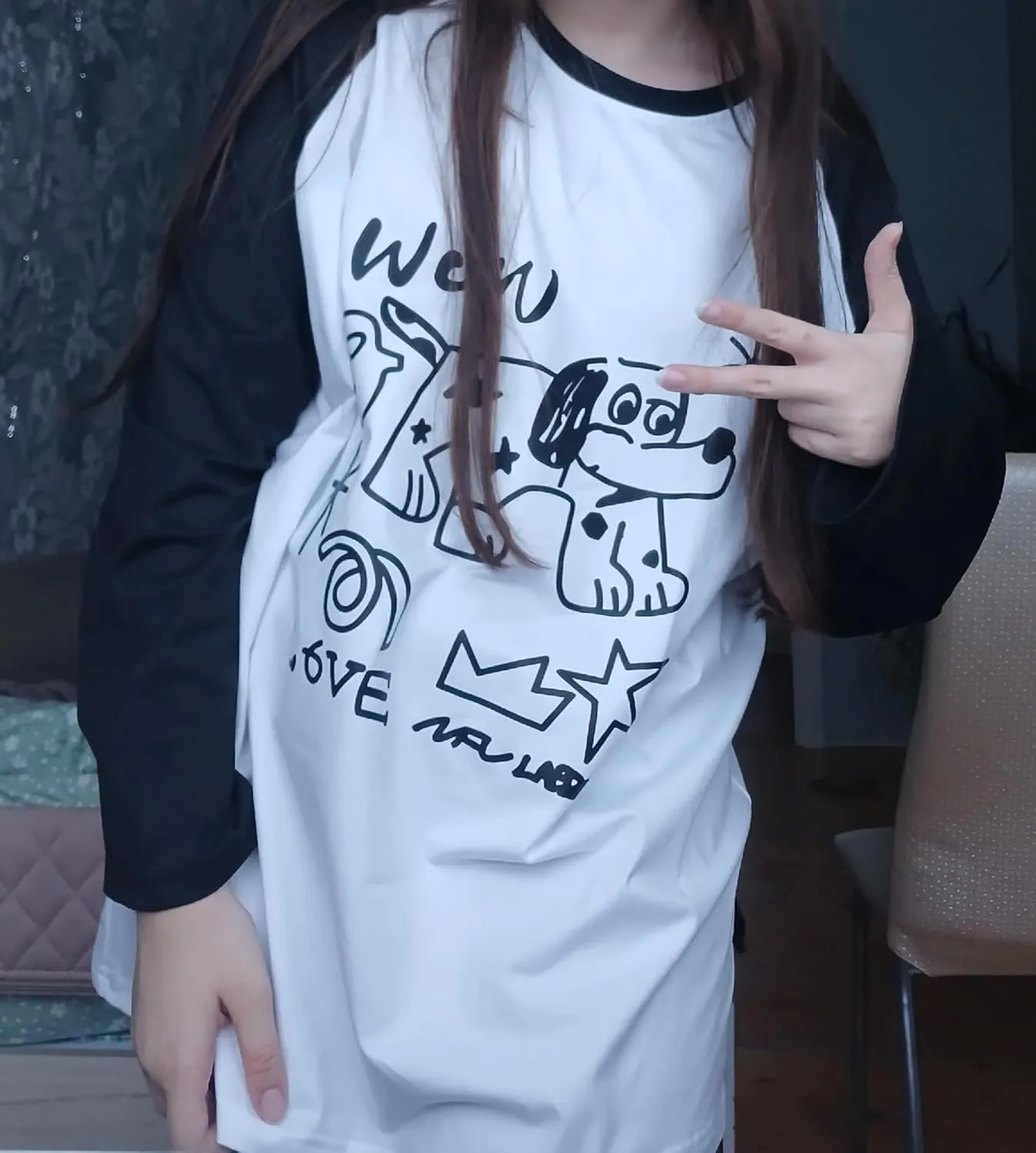 Women Harajuku Cute Anime Print T-Shirt Dog Graphic Casual Long Sleeve Crewneck Oversized Tee Tops