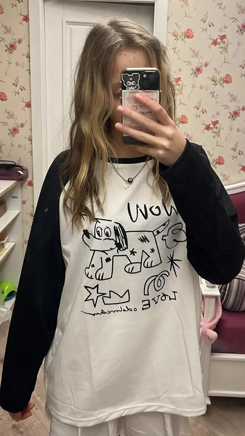 Women Harajuku Cute Anime Print T-Shirt Dog Graphic Casual Long Sleeve Crewneck Oversized Tee Tops