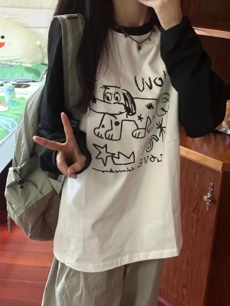 Women Harajuku Cute Anime Print T-Shirt Dog Graphic Casual Long Sleeve Crewneck Oversized Tee Tops