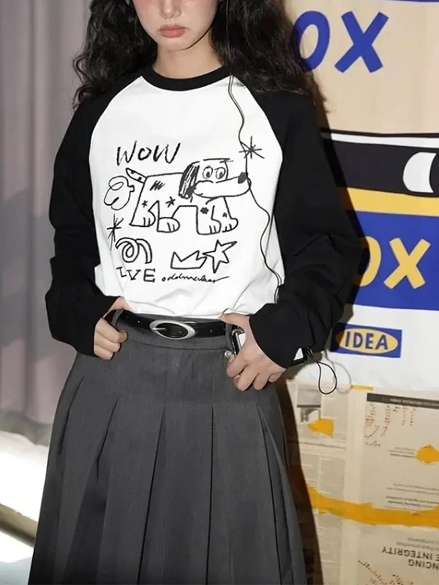 Women Harajuku Cute Anime Print T-Shirt Dog Graphic Casual Long Sleeve Crewneck Oversized Tee Tops