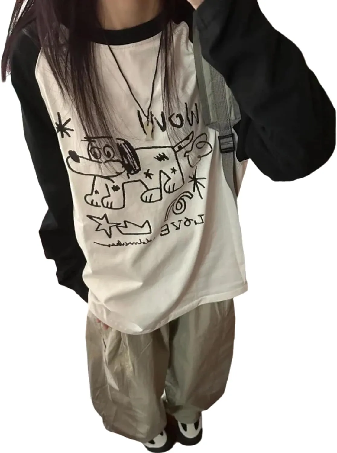 Women Harajuku Cute Anime Print T-Shirt Dog Graphic Casual Long Sleeve Crewneck Oversized Tee Tops