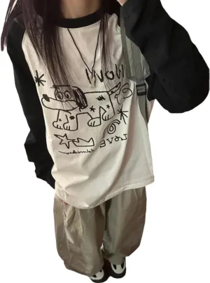 Women Harajuku Cute Anime Print T-Shirt Dog Graphic Casual Long Sleeve Crewneck Oversized Tee Tops