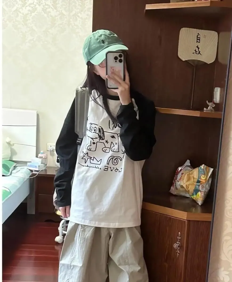Women Harajuku Cute Anime Print T-Shirt Dog Graphic Casual Long Sleeve Crewneck Oversized Tee Tops