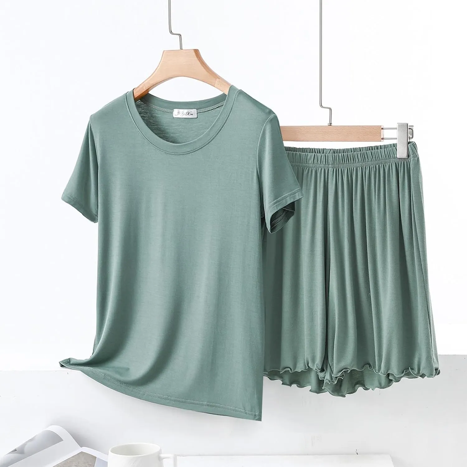 Women Lettuce Trim Shorts Pajamas Set Modal Cotton 2 Piece Outfit with Short Sleeve Crewmeck T-Shirt Cozy Sleepwear
