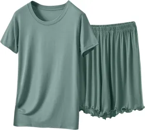 Women Lettuce Trim Shorts Pajamas Set Modal Cotton 2 Piece Outfit with Short Sleeve Crewmeck T-Shirt Cozy Sleepwear