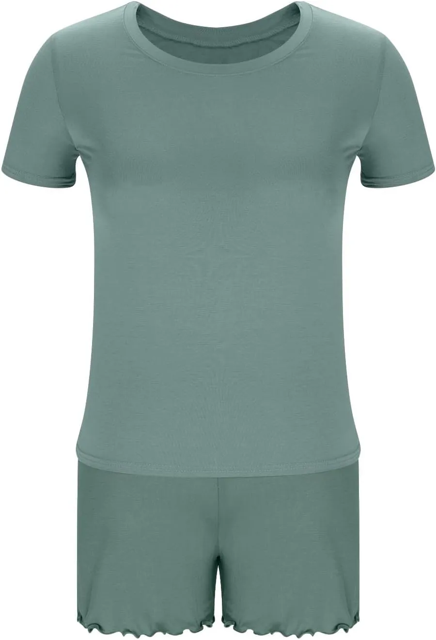 Women Lettuce Trim Shorts Pajamas Set Modal Cotton 2 Piece Outfit with Short Sleeve Crewmeck T-Shirt Cozy Sleepwear