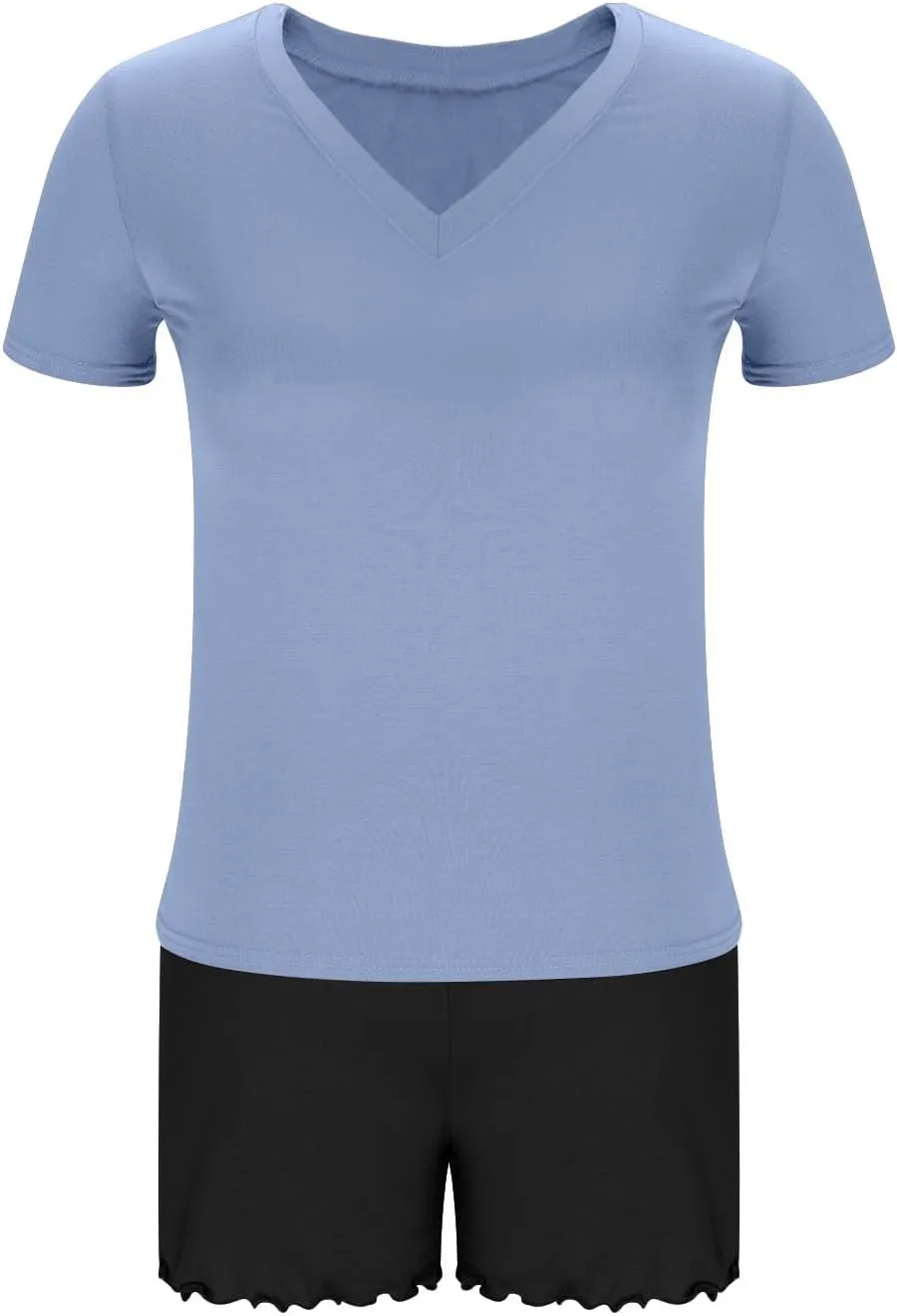 Women Lettuce Trim Shorts Pajamas Set Modal Cotton 2 Piece Sleepwear with Short Sleeve V Neck T-Shirt Comfy Homewear