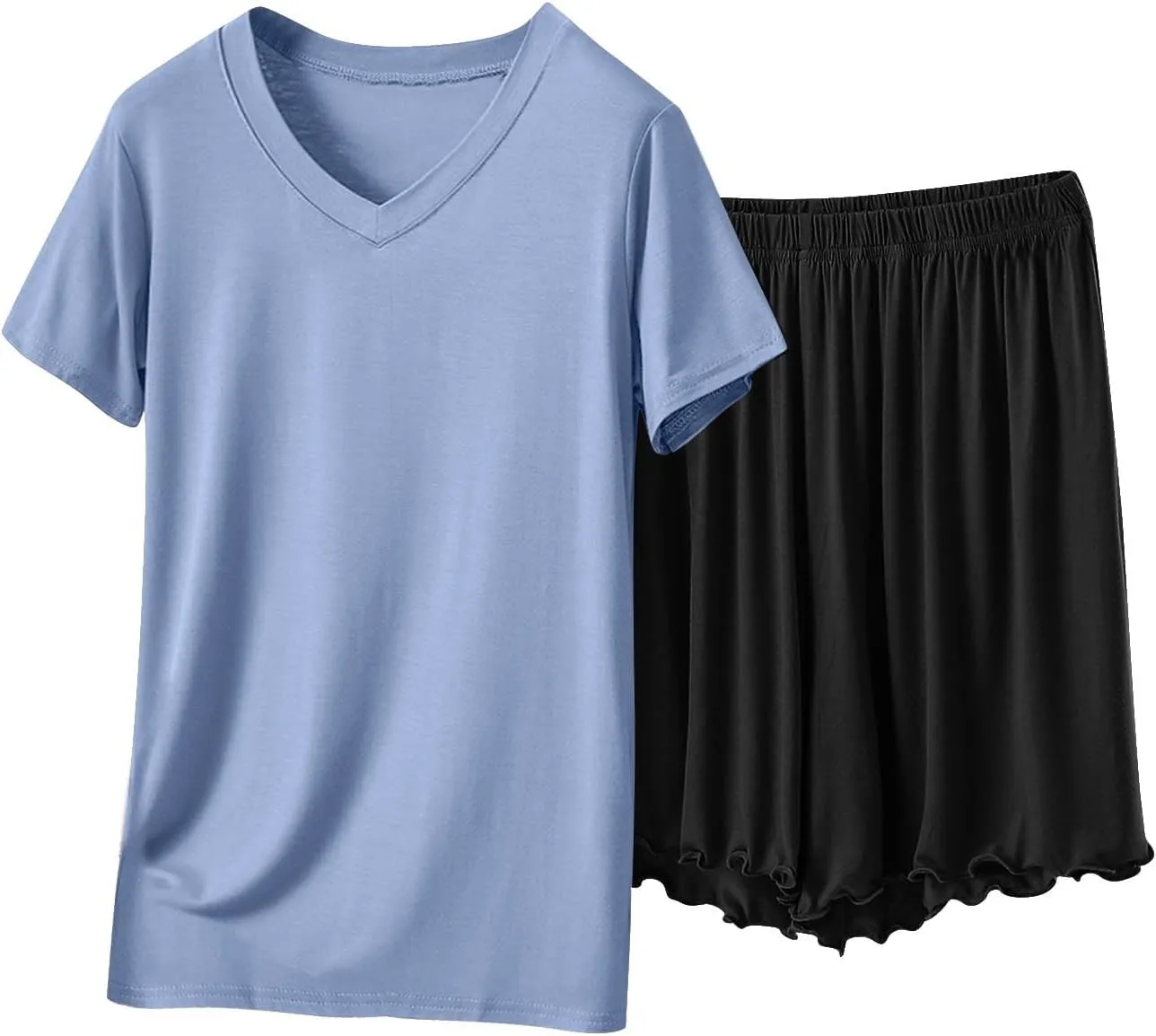 Women Lettuce Trim Shorts Pajamas Set Modal Cotton 2 Piece Sleepwear with Short Sleeve V Neck T-Shirt Comfy Homewear