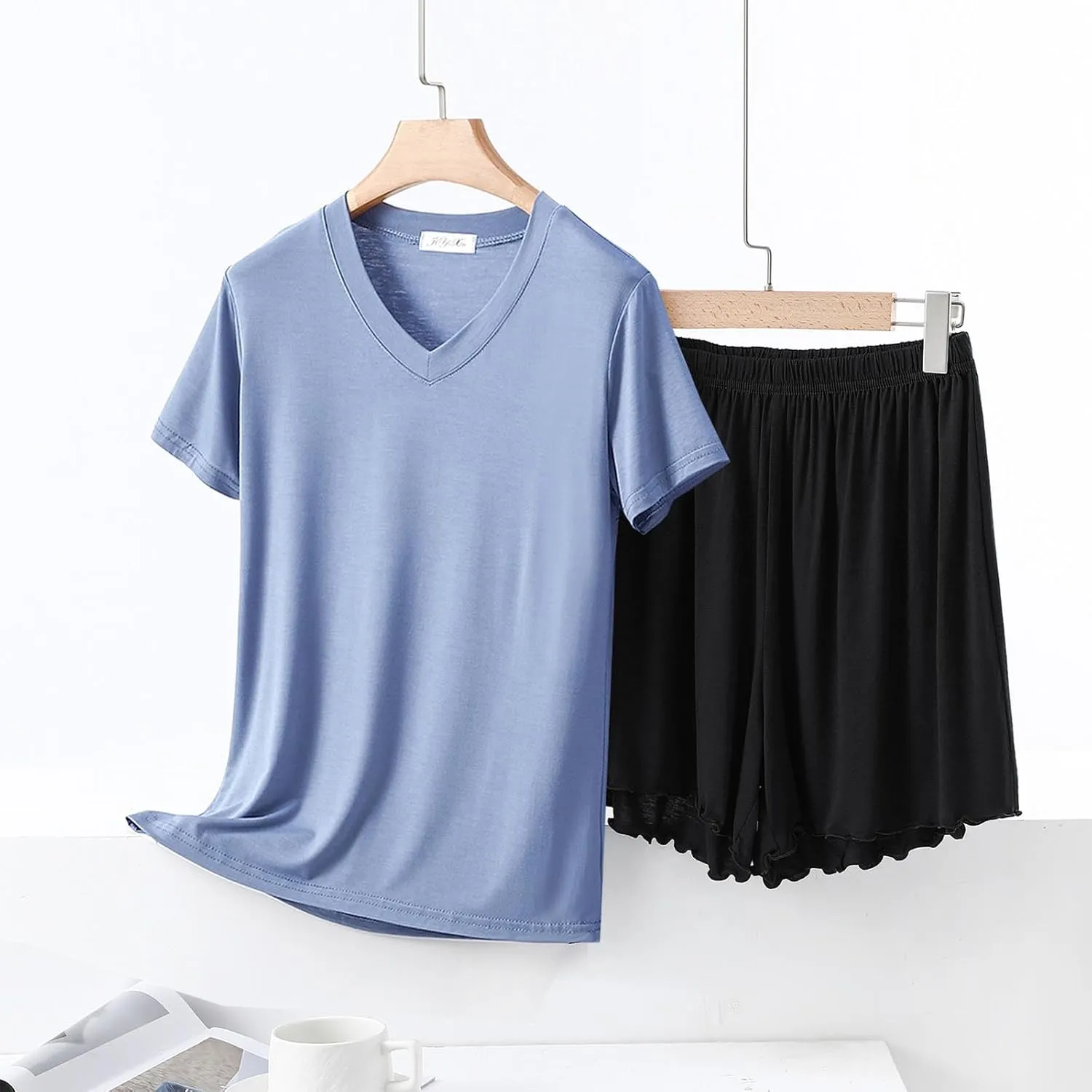 Women Lettuce Trim Shorts Pajamas Set Modal Cotton 2 Piece Sleepwear with Short Sleeve V Neck T-Shirt Comfy Homewear