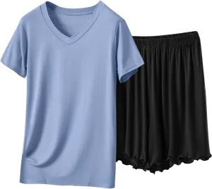 Women Lettuce Trim Shorts Pajamas Set Modal Cotton 2 Piece Sleepwear with Short Sleeve V Neck T-Shirt Comfy Homewear