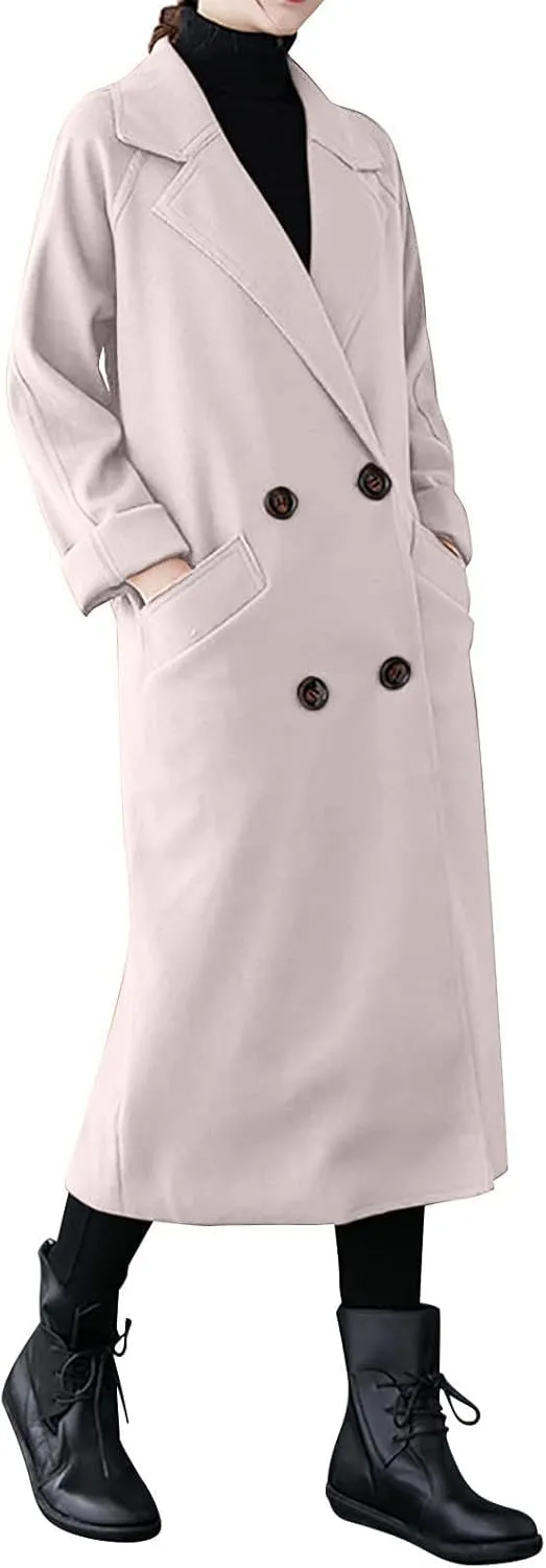 Women Long Double Breasted Pea Trench Coats Fashion Blazer Notch Lapel Casual Jackets Wool Blend Fashion Fall Outfits