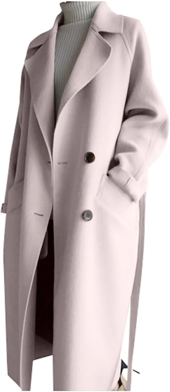 Women Long Double Breasted Pea Trench Coats Fashion Blazer Notch Lapel Casual Jackets Wool Blend Fashion Fall Outfits