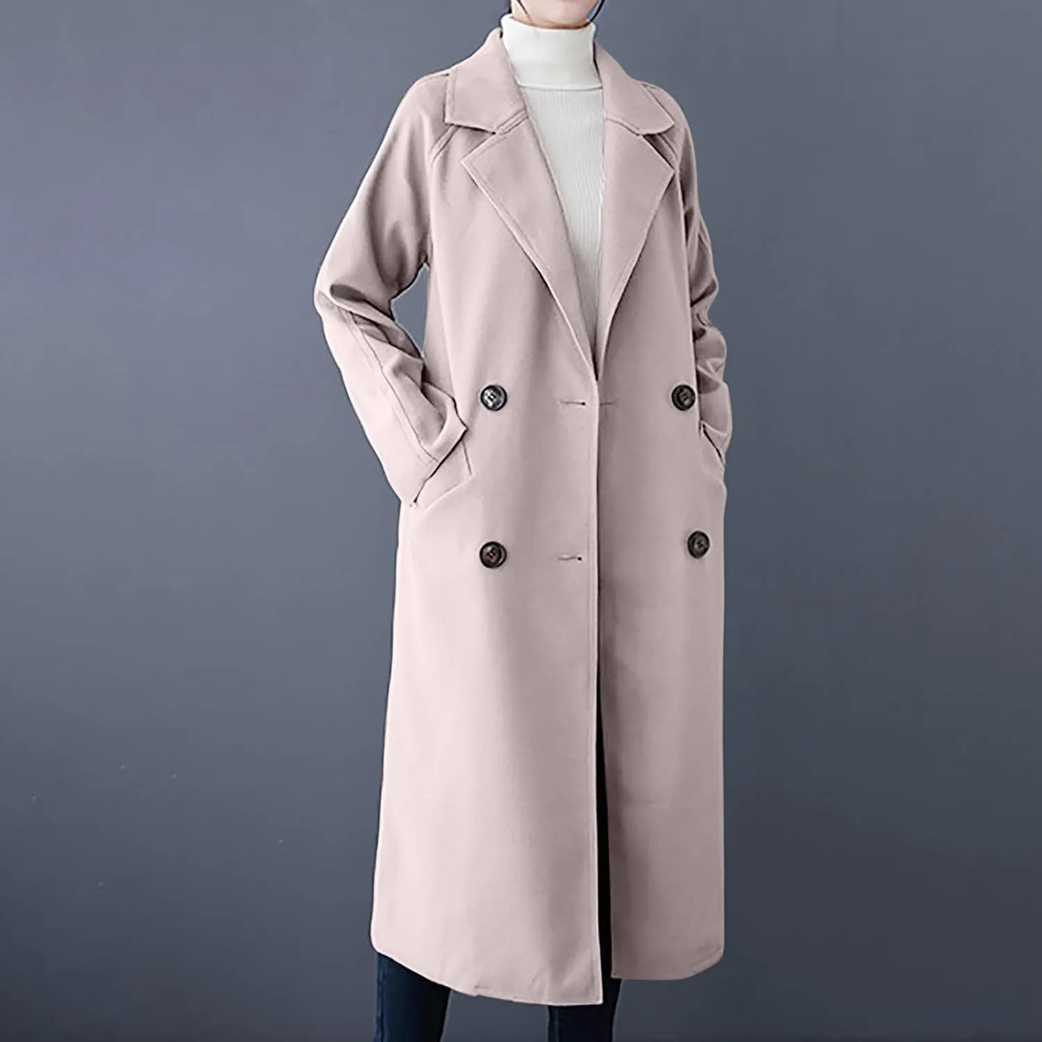 Women Long Double Breasted Pea Trench Coats Fashion Blazer Notch Lapel Casual Jackets Wool Blend Fashion Fall Outfits