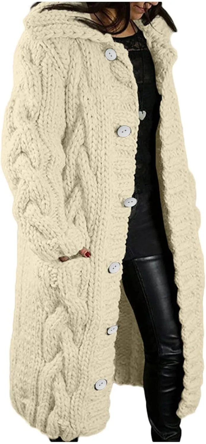 Women Open Front Cardigan Sweaters Long Sleeve Cable Knit Chunky Fashion Long Outerwear Casual Loose Oversized Hoodies