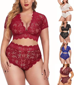 Women' Plus Size 2 Piece V Neck Lingerie Set 2025 Sexy Deep Lace Bra And Panty Pajamas High Waist Nightwear Clubwear