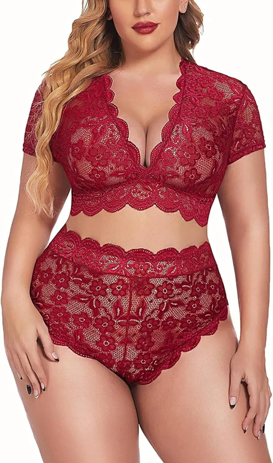Women' Plus Size 2 Piece V Neck Lingerie Set 2025 Sexy Deep Lace Bra And Panty Pajamas High Waist Nightwear Clubwear