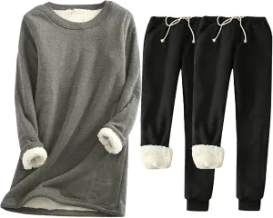 Women Plus Size Pajama Sets Sherpa Lined Pj Set Fleece Sweatshirts and Sweatpants Set Warm Winter Lounge Set 3PC