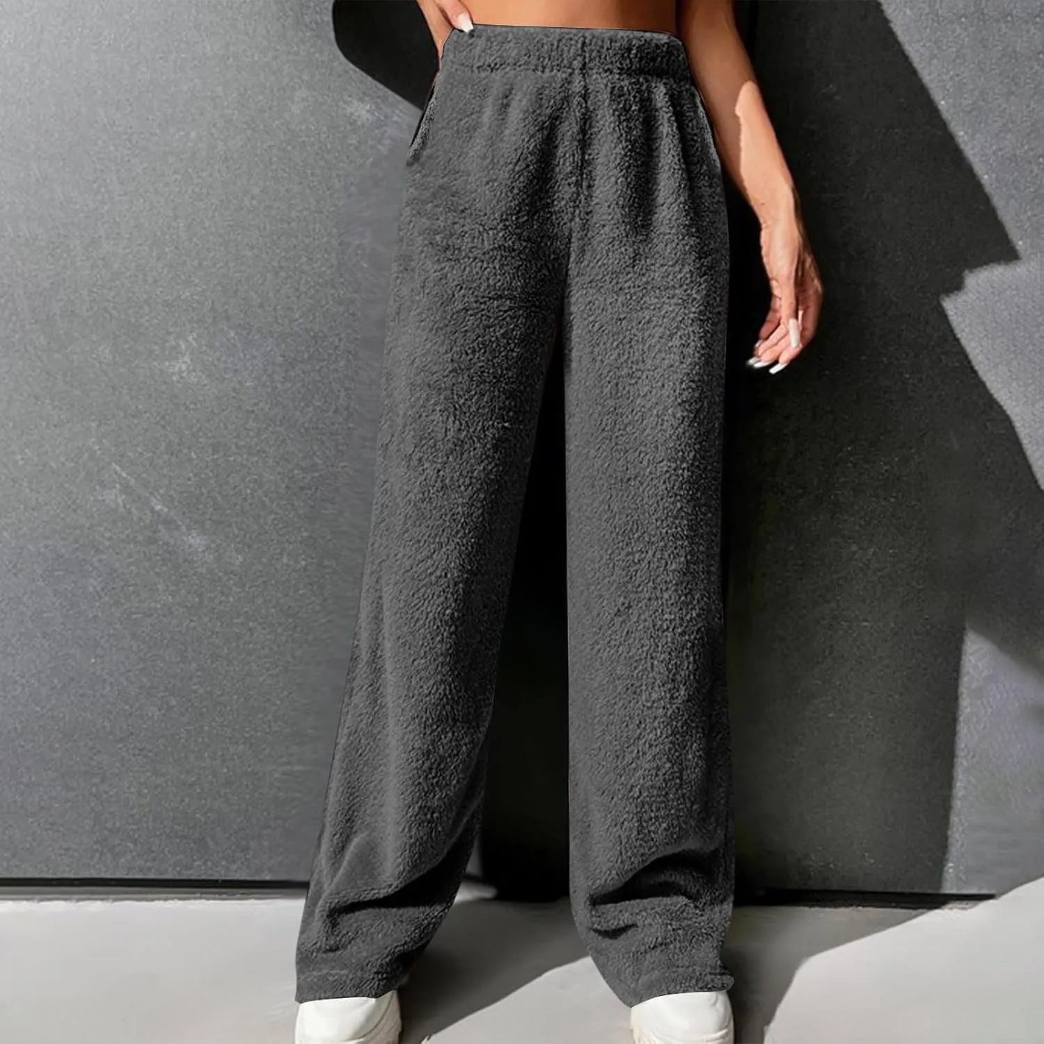 Women Plush Pajamas Pants Furry Pj Pants Fluffy Lounge Pants Comfy Fuzzy Sleep Pants Warm Thick Trousers with Pockets